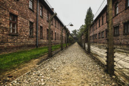 This is a color photo of two old building with barbed wire fence surround each