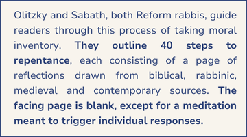 Olitzky and Sabath, both Reform rabbis, guide readers through this process of taking moral inventory. They outline 40 steps to repentance, each consisting of a page of reflections drawn from bibli (1)